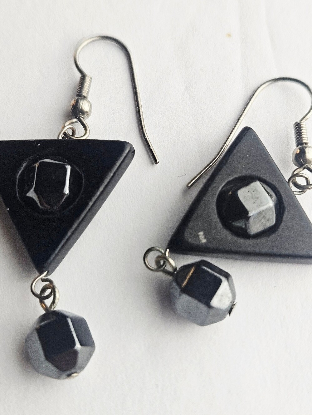 Handmade Geometric Hematite Dangle Earrings • Matte Black Triangle Drop Earrings